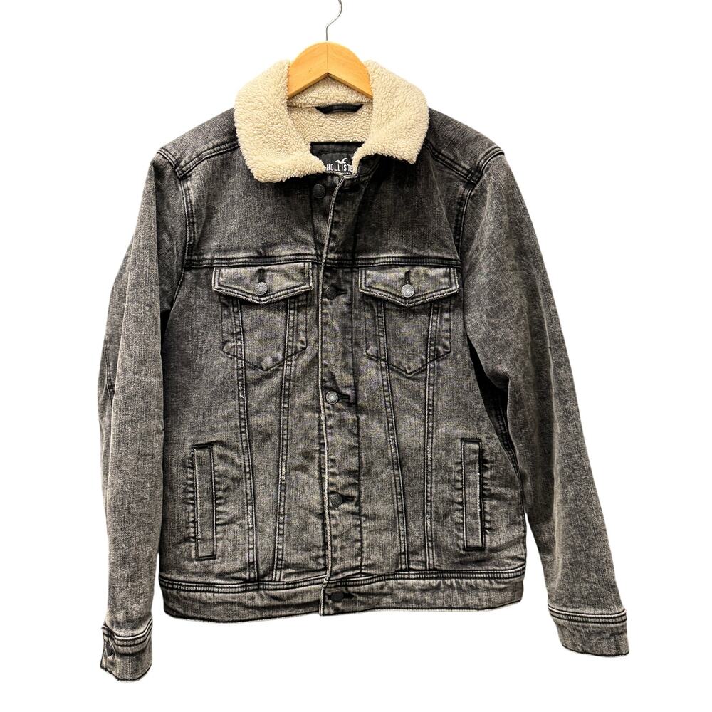 Hollister Trucker Jacket Mens Small Sherpa Lined Gray Faded Wash Denim Epic Flex
